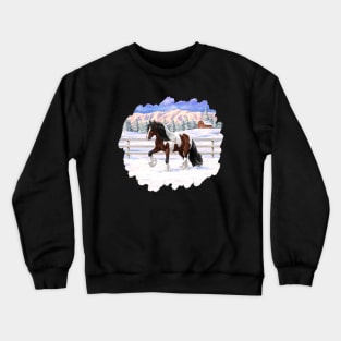 Bay Brown Pinto Skewbald Gypsy Vanner Draft Horse Trotting in Snow Crewneck Sweatshirt